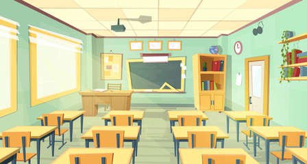 Vector cartoon background with empty classroom, interior inside. Back to school concept illustration. College or university training room with furniture, chalkboard, table, projector, desks, chairs