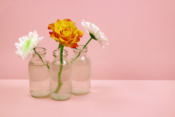 Three flowers in a glass bottle on pink background