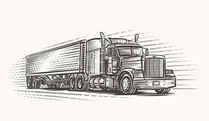 American Truck on road hand drawn illustration. Vector. © yuromanovich
