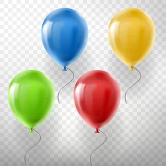 Fotobehang Vector set of realistic flying helium balloons, multicolored, red, yellow, green and blue, isolated on transparent background. Clipart with decorative objects for holidays, birthday, parties, events © vectorpocket