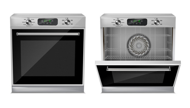 Vector 3d realistic compact oven with digital display, timer, pre-set cooking programs, with open and close door, isolated on background. Built-in household appliance, modern multifunction stove