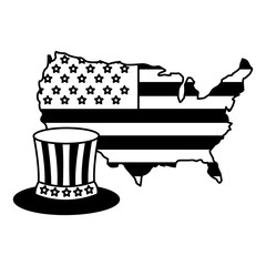 flag of america on map and gentleman hat vector illustration black and white