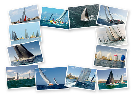 Photo collage of sailing yachts. Sailing yacht regatta. Yachting