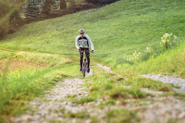 Fototapeta na wymiar Fahrradfahrer in grüner Umgebung