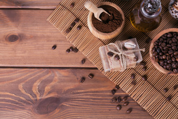 Natural handmade soap, aromatic cosmetic oil, sea salt with coffee beans