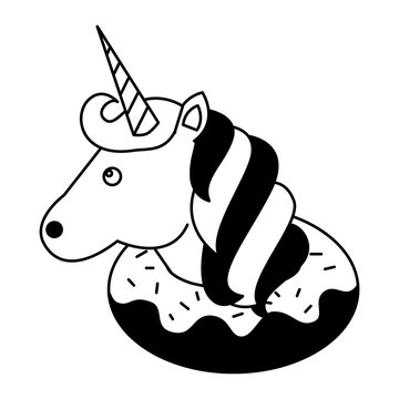 cute unicorn inside donut sweet fantasy vector illustration black and white