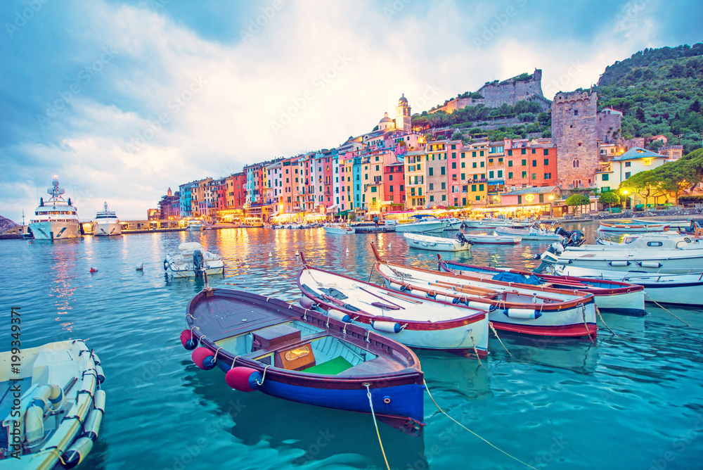 Wall mural mystic landscape of the harbor with colorful houses and the boats in porto venero, italy, liguria in