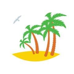 Four palms on a sandy island with a seagull passing by. Icon. Vector illustration