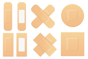 Creative vector illustration of adhesive bandage elastic medical plasters set isolated on transparent background. Art design medical elastic patch. Abstract concept graphic different shape element.