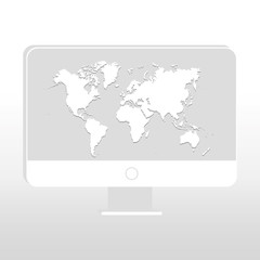 Desktop with white world map on screen on light gray background. Vector illustration.
