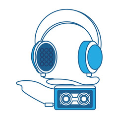 Headphones with cassette music player icon over white background, blue shading design. vector illustration