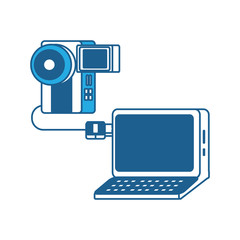 camera plugged into a laptop over white background, blue shading design. vector illustration