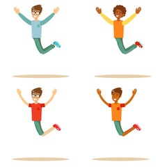 Fototapeta na wymiar young people jumping on white background , set. Stylish modern vector illustration with happy male teenagers Party, sport, dance and friendship team concept