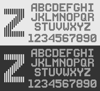 zebra font with vertical stripes, retro style line alphabet