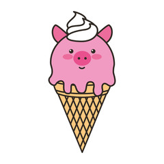 ice cream in cone with face pig vector illustration design