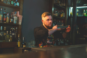 Portrait of bearded concentrated man doing appetizing alcohol beverage with shaker while standing at counter. Focused worker having job in club concept