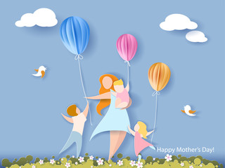 Beautiful women with her children. Happy mothers day card. Paper cut style. Vector illustration