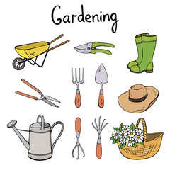 Gardening vector clip art. Hand drawn illustration set of garden equipment