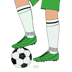 Soccer ball under player feet on white background. Hand drawn color sketch. Sport collection color vector illustration