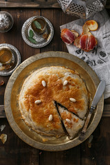 Top view of morrocan pie on copper plate