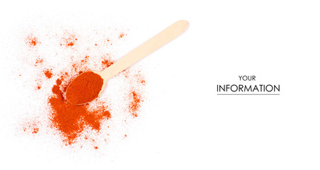 Pile paprika seasoning ground on white background wooden spoon pattern