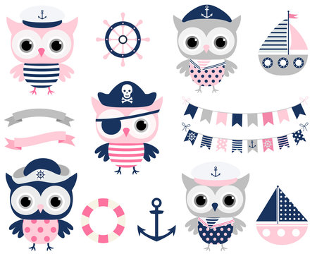 Cute vector pirate sailor owl birds and sailing party design elements in blue, pink and grey colors - boats, helms and buntings for summer, ocean and nautical themed birthdays for girls and boys