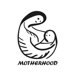 Black outline sketchy mother and child symbol. Doodle illustration of mom and baby, symbol of motherhood, breastfeeding, family