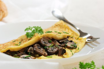 Homemade fluffy Mushroom Omelette garnished with Chives , selective focus
