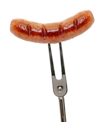 Sausage on a fork against a white background