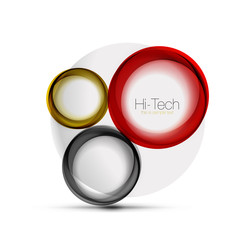 Circle web layout - digital techno spheres - web banner, button or icon with text. Glossy swirl color abstract circle design, hi-tech futuristic symbol with color rings and grey metallic element