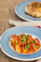 Yummy breakfast. Small fried sausages with omlette 