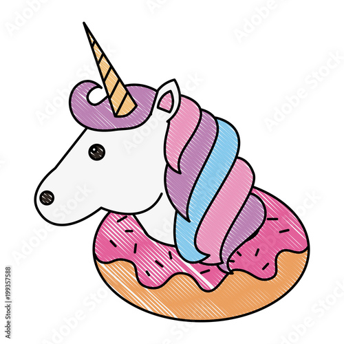 "cute unicorn inside donut sweet fantasy vector illustration drawing