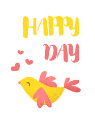 Happy Day card with cute bird and hearts on white background. Flat style. Vector illustration.