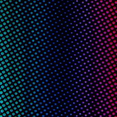 Neon Retro Teal Fading to Blue Purple and Pink Glowing Halftone Dots Circle Spots Pattern Texture Dark Pop Glow Gradient Background Design Art Illustration for Graphic Element or Backdrop Use.
