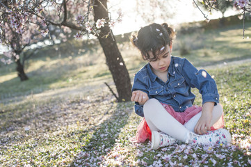 little girl posing in spring almond blossom