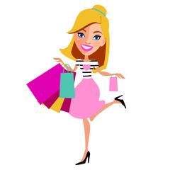 beautiful woman, shopping, on a white