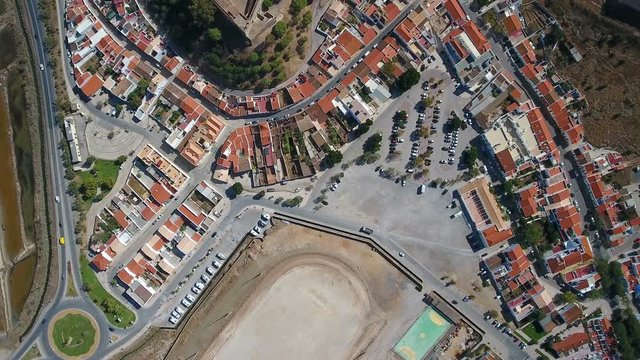 Aerial. The village of Castro Marim and the castle, filmed from sky drone.