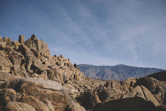 View of rock mountains against sky at Alabama Hills
