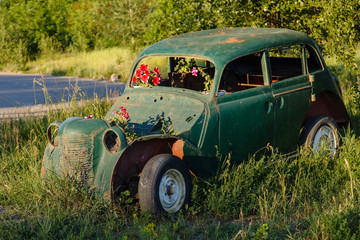 Old retro car changed into a flower bed. Flowerbed in form of car