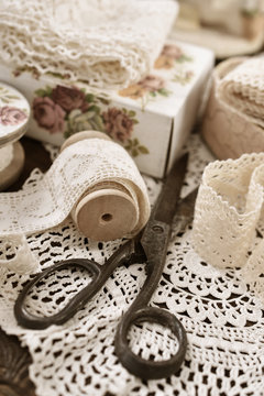 vintage lace trims and sewing items