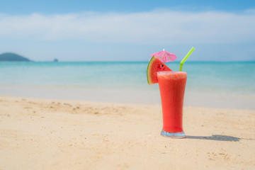 Watermelon cocktail on blue tropical summer beach in Phuket, Thailand. Summer, Vacation, Travel and Holiday concept.