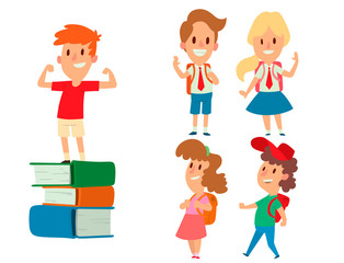 Children studying school kids going study together childhood happy primary education character vector.