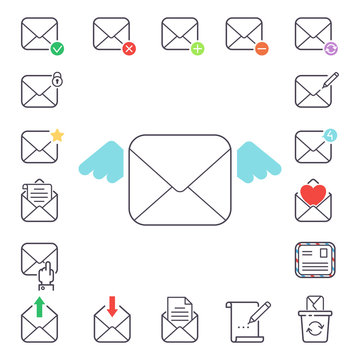 Email letter vector icons set envelope cover communication correspondence blank address outline mailbox design paper empty card writing message illustration. Mailing concept