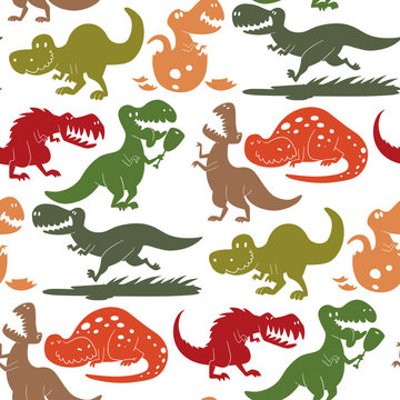 Dinosaurs vector dino animal tyrannosaurus t-rex danger creature force wild jurassic predator prehistoric extinct seamless pattern background illustration.