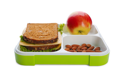Lunch box with appetizing food on white background