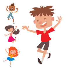 Happy children in different positions big vector jumping cheerful child group and funny cartoon kids joyful team laughing little people characters.