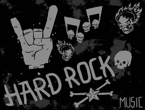 Heavy rock music badge vector background vintage label with punk skull symbol hard sound sticker emblem illustration