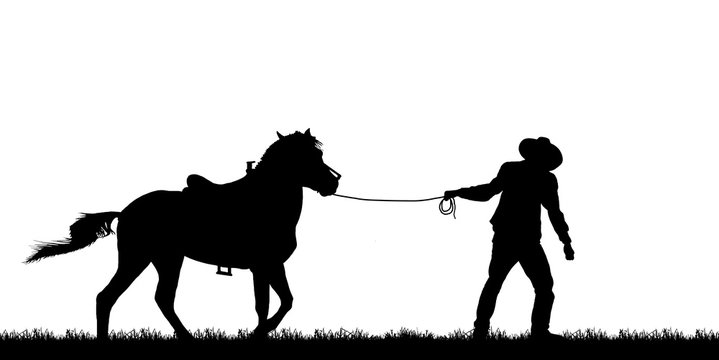 silhouette cowboy and horse on white background.