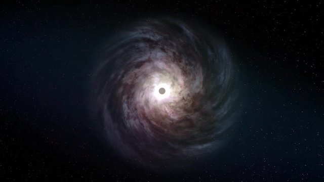 A top down bird's eye view of a rotating spiral galaxy in deep space with a black hole in the center. Looping.  	