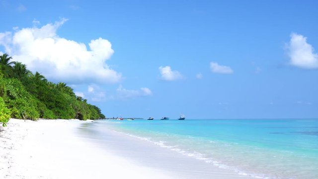 Perfect wild sandy Maldives beach with turquoise sea view, nobody